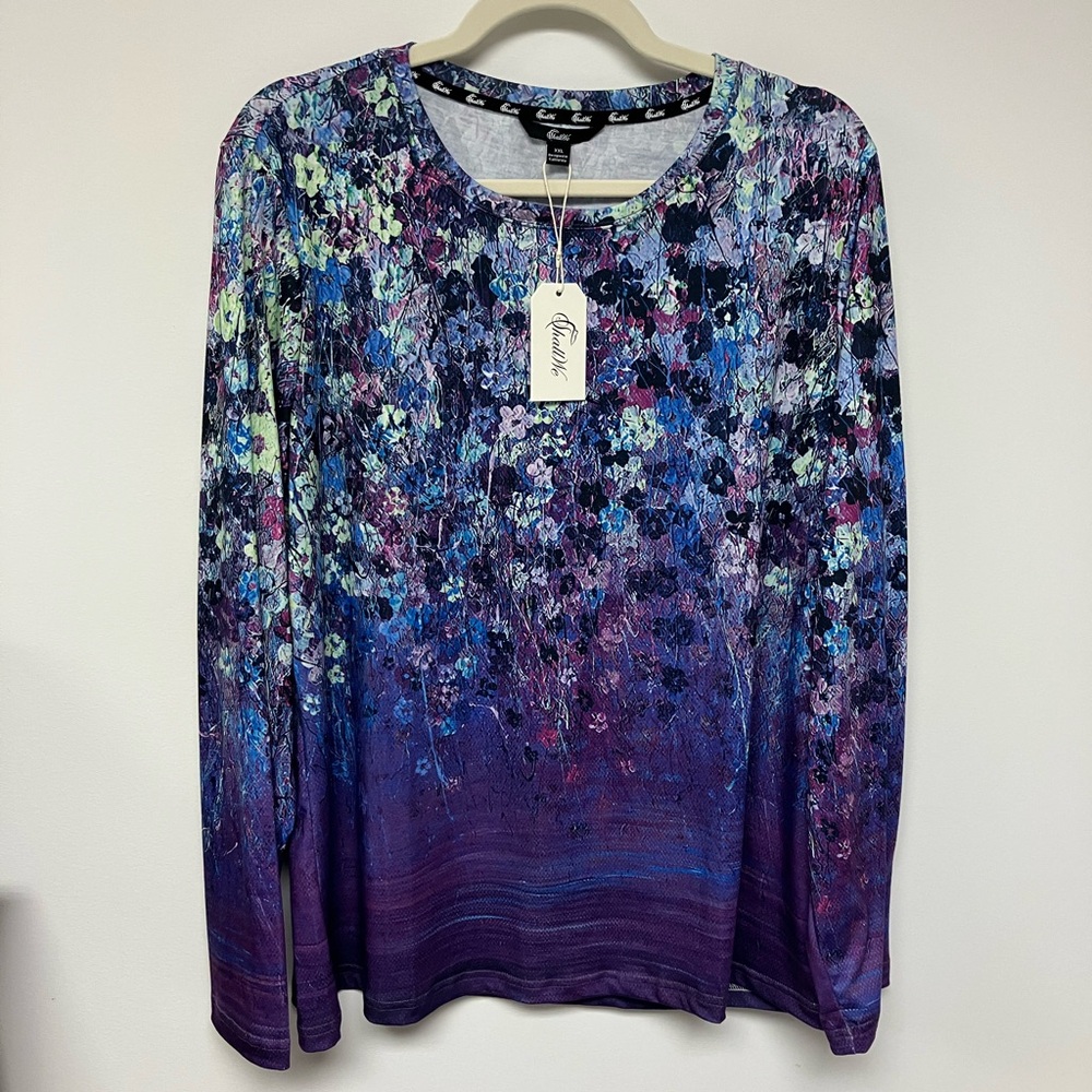 NWT, Shall We, Floral Long Sleeve Blouse in Blue and Purple